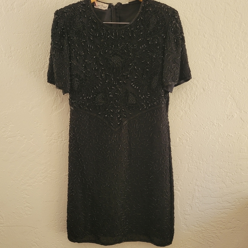 Laurence Kazar Beaded Silk Cocktail Dress Size PXL